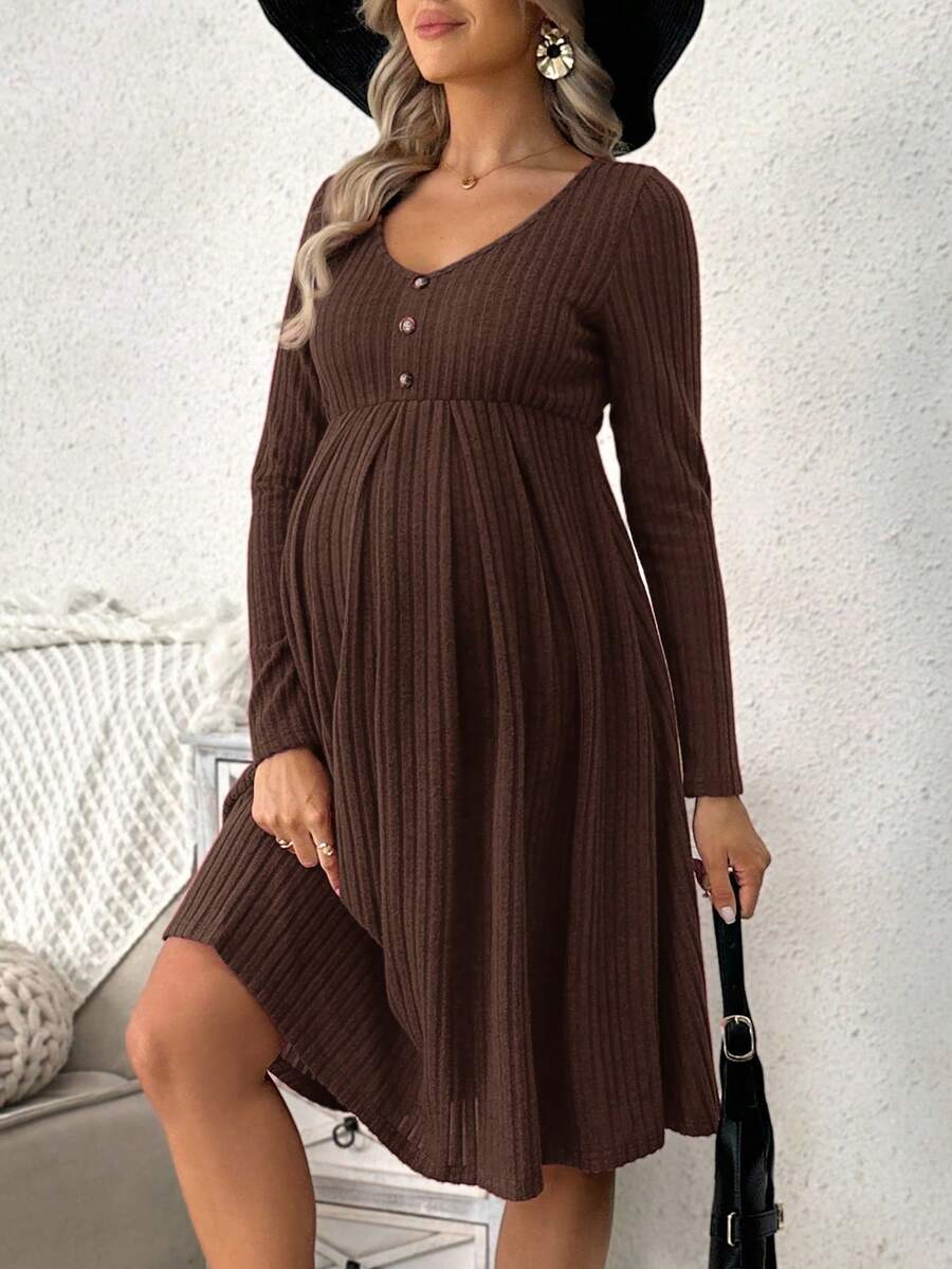 SHEIN Maternity Solid Ribbed Collar Button Front Long Sleeve Dress, Spring/Autumn - Coffee Brown - View 1