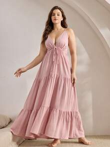 Ocili Váy ngủ hai dây cổ chữ V màu trơn gợi cảm cỡ lớn cho nữ - Bụi hồng - Xem 3