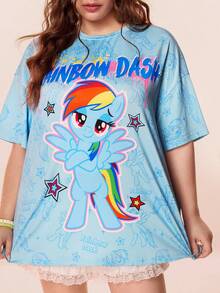 My Little Pony X SHEIN 大码可爱小马印花圆领短袖T恤，夏季 - 藍色 - 查看 1