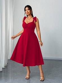 Elenzga Plus Size Women's V-Neck Ruched Waist Slit Elegant Romantic Red Party Dress, Spring/Autumn - Red - View 3