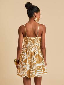 SHEIN TRVLCHIC 女式编织印花细肩带迷你连衣裙 - 咖啡 - 查看 2