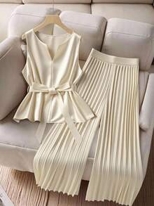 GlowEve CURVE Bộ 2 áo không tay cỡ lớn và quần ống rộng xếp ly thoải mái cho nữ - Màu be - Xem 4