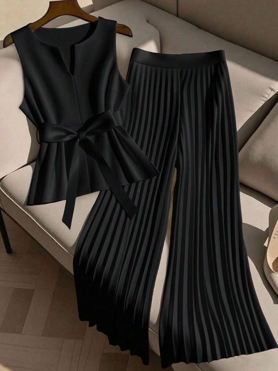 GlowEve CURVE 2 sztuki/zestaw damski top bez rękawów plus size i swobodne szerokie nogawki plisowane spodnie