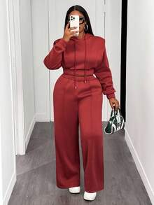 Slaydiva Bộ đồ 2 món thu đông 2025 dành cho nữ cỡ lớn - Áo hoodie màu nâu gỉ cỡ lớn có dây rút và quần ống loe, phong cách đường phố Y2K thích hợp mặc đi học, đi làm, tiệc tùng, thường ngày - Rỉ Nâu - Xem 5