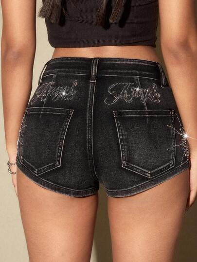 ROMWE Avant Short en jean mini taille très basse avec décoration de strass, style rétro sexy Y2K pour femmes