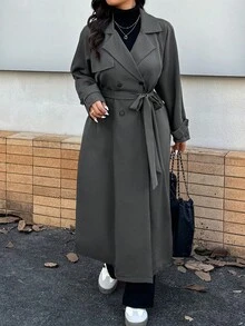 Calvaya 大码纯色前扣长袖休闲风衣