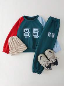 THE HAPPY LOOK Young Boys Number Print Contrast Sleeve Hoodie And Elastic Waist Sweatpants Sports Outfit Sets