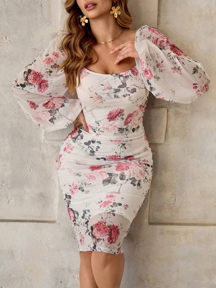 Roveilla Vestido midi de manga larga con volantes en la cintura, estampado floral, de malla tejida, elegante y romántico, para mujer de talla grande, para primavera/otoño