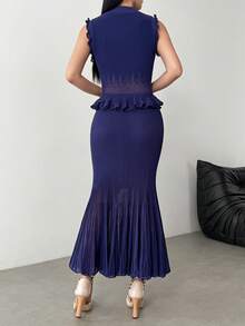 NOVVYNE 2件套优雅淑女风无袖针织背心和长款百褶裙套装 - 寶藍色 - 查看 2