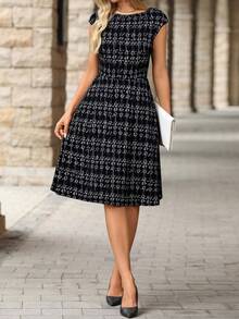 Editum 女士优雅黑色针织腰部修身喇叭迷你连衣裙 - 黑與白 - 查看 6