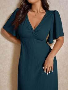 Elaquor 大码休闲 V 领收腰 A 字形连衣裙，优雅度假 - 藍色 - 查看 2