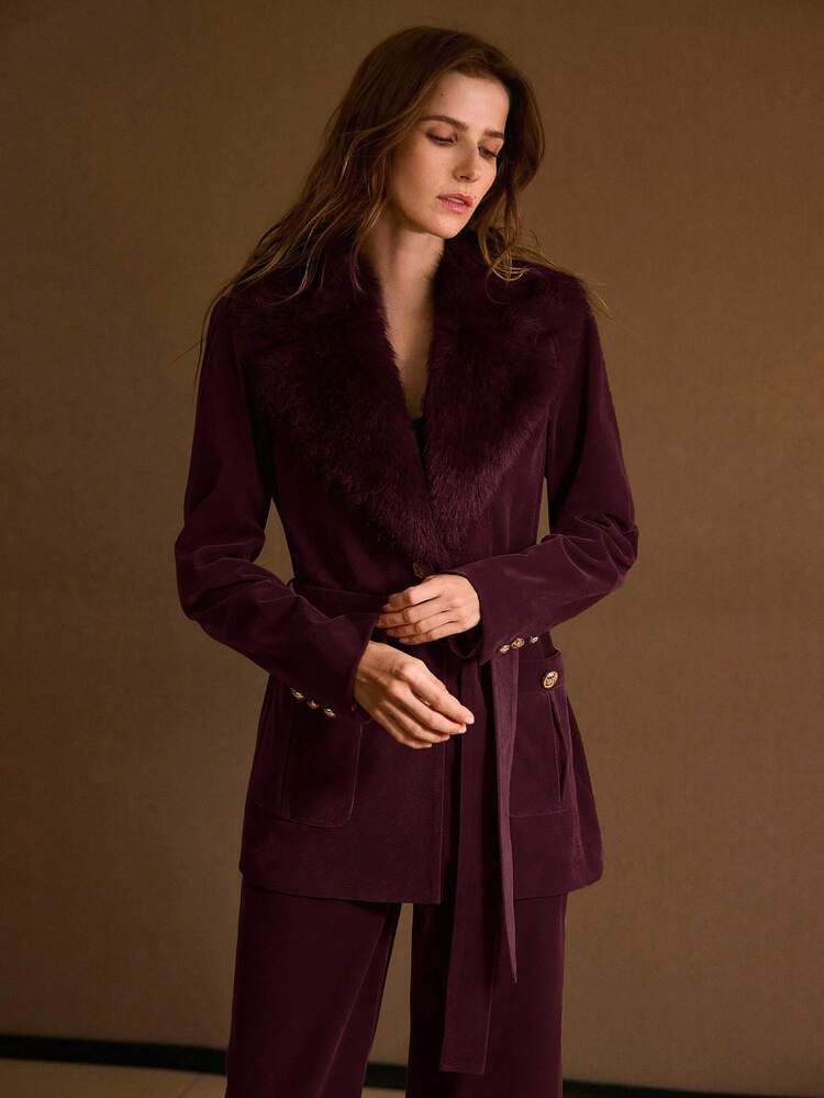 DETACHABLE FUZZY COLLAR SINGLE BREASTED COAT
