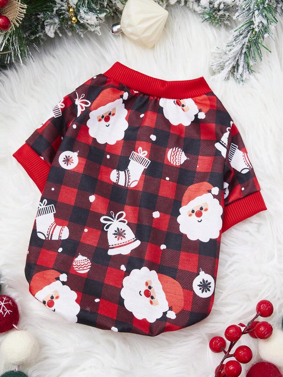 PETSIN 1件圣诞老人圣诞袜铃铛格子宠物圣诞亲肤透气宠物服装 - 彩色 - 查看 1
