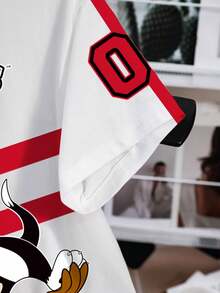 LOONEY TUNES X SHEIN 女式休闲字母和卡通图案圆领短袖T恤，夏季 - 白色 - 查看 3