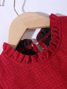 青少年女孩优雅时尚立领无袖宽松 A 字短款粗花呢面料蝴蝶结装饰连衣裙，适合圣诞派对