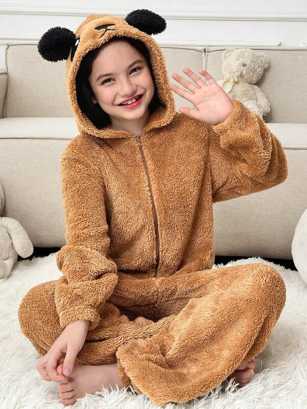 SHEIN Tween Girls' Casual Home Cartoon Bear Embroidered 3D Ear Loose Long Sleeve Jumpsuit, Cute Teddy Bear Design Jumpsuit Kids Loungewear Girl Winter Clothes Teen Girls Sets Kids Sleep Wear