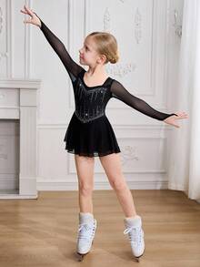 SHEIN Young Girl Sweetheart Collar Splice Mesh Long Sleeve Rhinestone Ruffle Hem Jumpsuit - Baby Pink - View 4