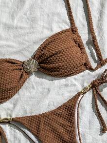 Swim Chiccia 女士夏季沙滩装，纯色提花面料细肩带性感比基尼套装，带贝壳金属装饰 - 棕色 - 查看 4