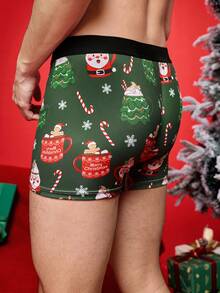 Notgurli Christmas Funny Print Cartoon Quirky Santa Claus, Gift Box, Candy Cane, Bell, Snowflake, Snowman, Family Party Men's Mid-Length Boxer Briefs - Green - View 2