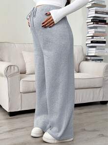 SHEIN 纯色保暖内衬孕妇运动裤，秋冬款，灰色孕妇运动裤，舒适抽绳腰带调节。灰色运动裤，女士孕妇裤，喇叭裤，阔腿裤，舒适裤装。