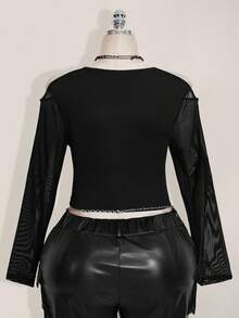 SHEIN ICON Plus Size Fashionable Sexy Long Sleeve Mesh Panel Cut-Out Shoulder Crop Top Spring Summer Concert Easter - Black - View 2