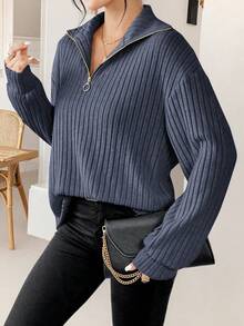 SHEIN Frenchy 拉链前落肩纹理面料 T 恤 - 藏蓝色 - 查看 6