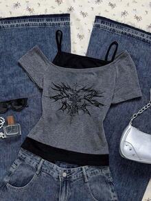 Attitoon 女式休闲复古翼印花垃圾朋克图案 Y2K 撞色短袖 T 恤，时尚 - 彩色 - 查看 1