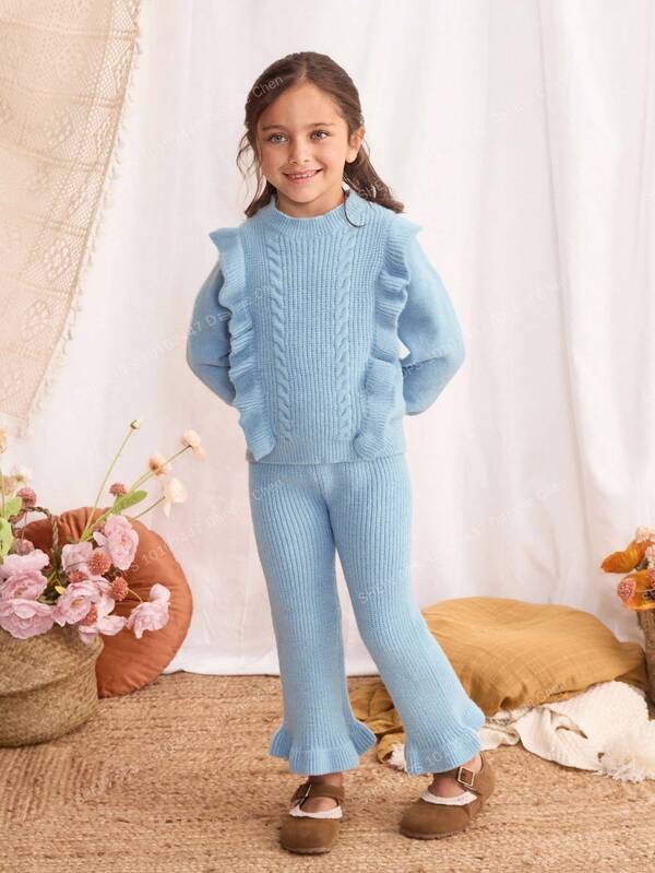 Blossori Conjunto de suéter de cuello redondo de manga larga con volantes y pantalones elegante francés para niñas jóvenes