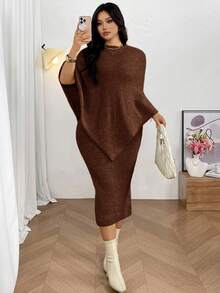 Firerie 2 件套大码女式斗篷式毛衣和 V 领直筒连衣裙套装，适合情人节、音乐会、表演、约会、正式晚宴、庆典、婚礼、性感、优雅、通勤、返校、度假、海滩、浪漫、办公室女士、美人鱼风格、生日派对蝙蝠袖连衣裙两件套针织两件套长袖优雅两件套舒适两件套秋冬 - 巧克力棕 - 查看 7