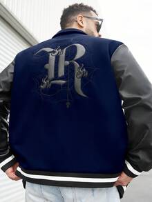 Manfinity LEGND 加大码男士撞色拼接前扣棒球长袖夹克 - 寶藍色 - 查看 1