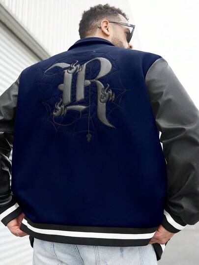 Manfinity LEGND Plus Size Men's Contrast Color Patchwork Front Button Baseball Long Sleeve Jacket