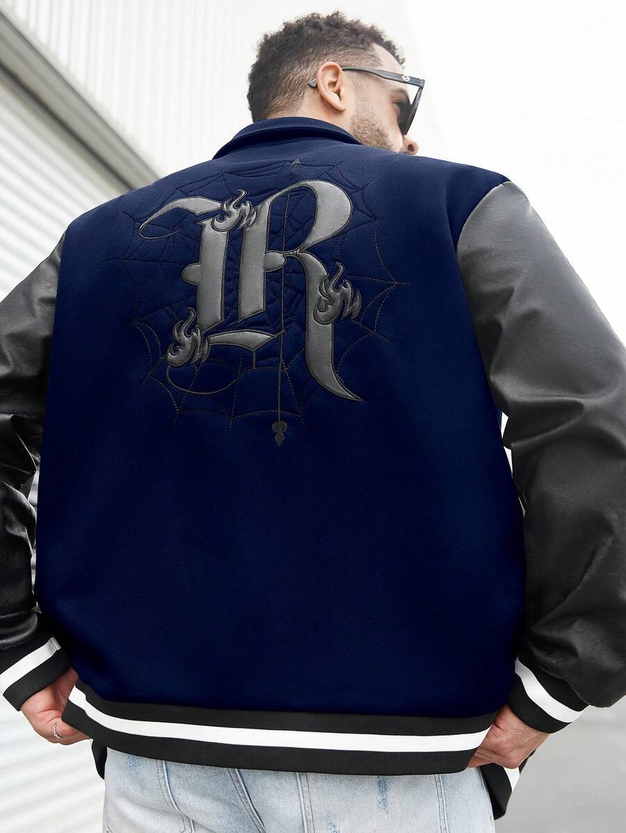 Manfinity LEGND 加大码男士撞色拼接前扣棒球长袖夹克 - 寶藍色 - 查看 1