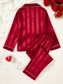 女童香槟色条纹长袖开衫和裤子两件套睡衣套装 - 彩色 - 查看 2