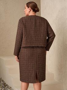 Chikora Plusstorlek dam 2-delat set, elegant, med fickor, bekväm stickad kostym, brun rutig tweed tvådelat set kjolkostymer för kvinnor tweedkostymer kvinnor tweedkavaj och kjolset brun tweedkostym tweedkjol och jacka set brunt tweedset tweedjacka kvinnor brun jacka brun kavaj kvinnor brun kofta - Brun - Visa 2