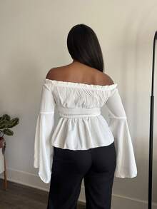 Tyla Gomez Hollow Out Flared Sleeve Contrast Tie Waist Vintage Blouse,Long Sleeve Tops - Black and White - View 2
