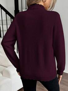 Elenzga Áo len dài tay cổ tròn viền bèo nhún phối màu đơn giản dành cho nữ - Bold Plum - Xem 2