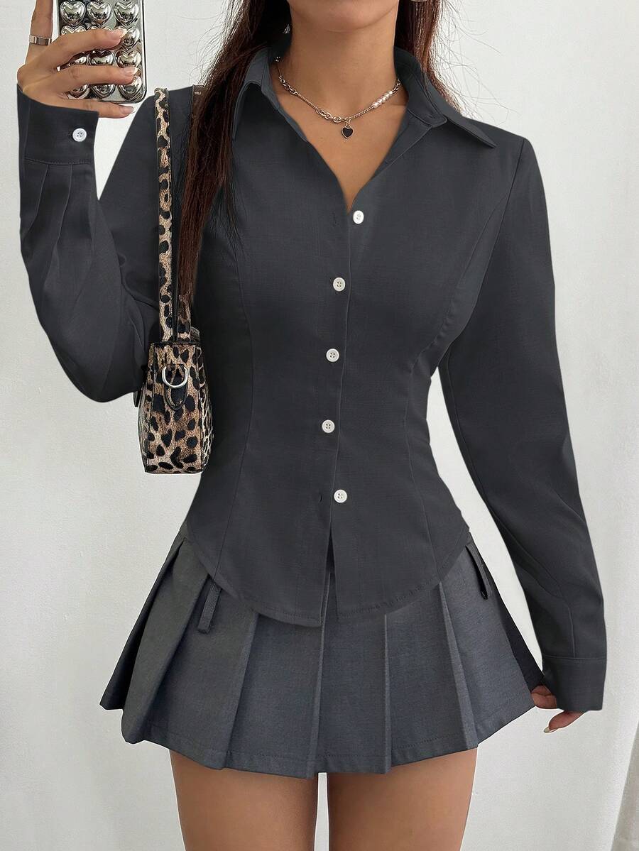 Flirla 女士休闲纯色束腰衬衫 - 深灰色 - 查看 1