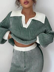 Elenzga 2pcs/Set Setelan Wanita Polo Kerah Patchwork Warna Kontras Sweater Pullover + Celana Panjang, Musim Gugur/Musim Dingin - Dark Green - View 6
