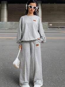 SHEIN Teen Girls 2pcs/Set Loose Fit Grey Crew Neck Knitted Sweatshirt Long Sleeve Top & Wide Leg Pants Casual Homewear Outfit