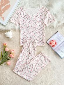 SHEIN 女童碎花蕾丝花边圆领短袖睡衣套装 - 白色 - 查看 4