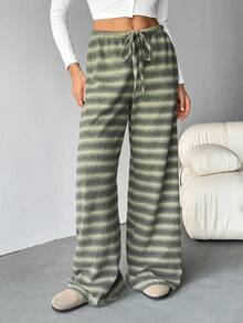 SHEIN Tall Bộ quần ống rộng cạp thấp đơn giản thoải mái cho nữ Bộ quần sọc Bộ quần thoải mái Bộ quần dài mặc nhà cho nữ - màu xanh lá - Xem 8