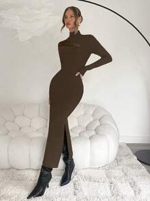Chiquease Vestido largo elegante y sexy para mujer, de cuello alto, con corte de abertura, unicolordos, elástico y ajustado, de estilo casual y para fiestas, de tela transparente y de múltiples tejidos. - Marrón - Ver 3