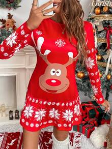 EMERY ROSE Rochie de damă mărime mare, cu imprimeu floral de ren, mânecă lungă și talie strânsă, toamnă/iarnă