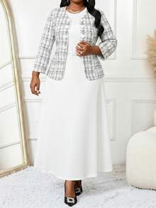 SHEIN Lady 春夏秋冬休闲优雅圆领喇叭腰带纽扣中长袖休闲优雅黑色连衣裙职业装棕色裙子黑色裙子女装套装 - 白色 - 查看 4