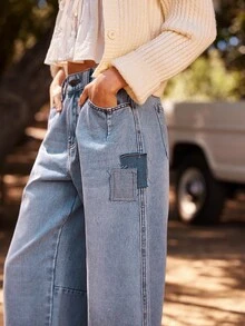 WESTFADE Jeans de tiro alto y pierna acampanada de mezcla de algodón con patchwork, para otoño, invierno, estilo bohemio, casual, lindo, país y western - Azul lavado medio - Ver 2