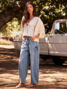 WESTFADE Jeans de tiro alto y pierna acampanada de mezcla de algodón con patchwork, para otoño, invierno, estilo bohemio, casual, lindo, país y western - Azul lavado medio - Ver 3