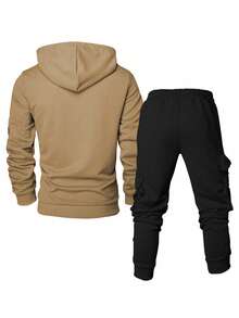 Manfinity Homme 男士休闲撞色拼接连帽衫和运动裤两件套，秋冬男士连帽衫套装，男士慢跑裤套装 - 卡其色 - 查看 2
