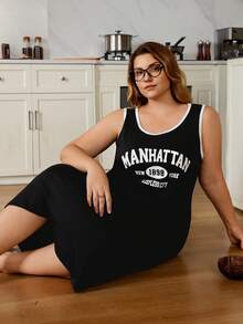 Doze Lane 运动风格印花白色和黑色拼布背心睡衣裙、大码睡衣