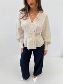 Siren Gaze Stylish Metallic Pleated Elegant Fitted Cotton Blouse For Women, 100% Cotton Fitted A-Line Long Sleeve Blouse. Winter Spring - Apricot - View 6