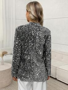 SHEIN LUNE 华丽派对银色丝绒亮片长袖女士西装外套，适合圣诞节、新年、情人节派对和商务场合穿着 - 銀色 - 查看 5